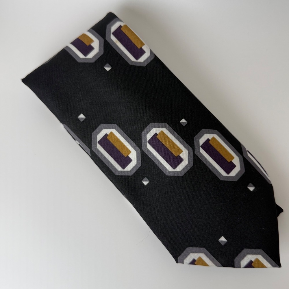 Unbranded Italian Silk Tie 3.75" Geometric Abstract Retro Black Purple Gold 60"